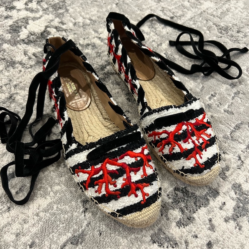 Aquazzura, black, white, and red espadrilles with black velvet ties